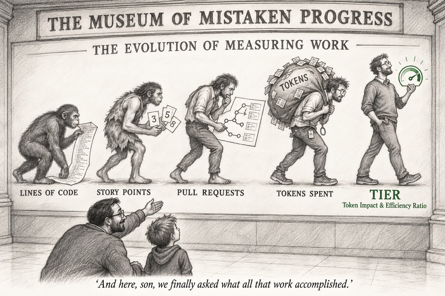 Pencil parody of the “March of Progress,” titled “The Evolution of Measuring Work.” Five figures stand straighter from left to right: an ape reading a long printout (Lines of Code), an early human holding planning cards (Story Points), a stooped man studying a branch diagram (Pull Requests), a man bent under a sack of tokens (Tokens Spent), and an upright man holding a green gauge (TIER, Token Impact & Efficiency Ratio). A father points it out to his son: “And here, son, we finally asked what all that work accomplished.”