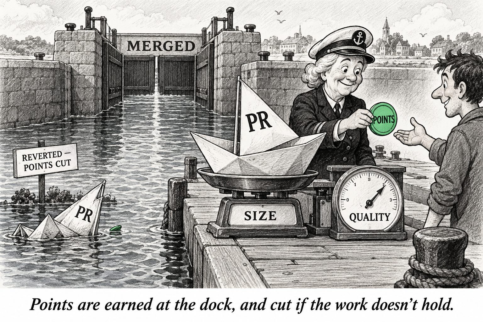 A paper boat marked PR passes a “Merged” lock onto a Size scale beside a Quality gauge, and a dockworker awards Points. A sinking PR sits beside “Reverted — points cut”. Caption: “Points are earned at the dock, and cut if the work doesn’t hold.”