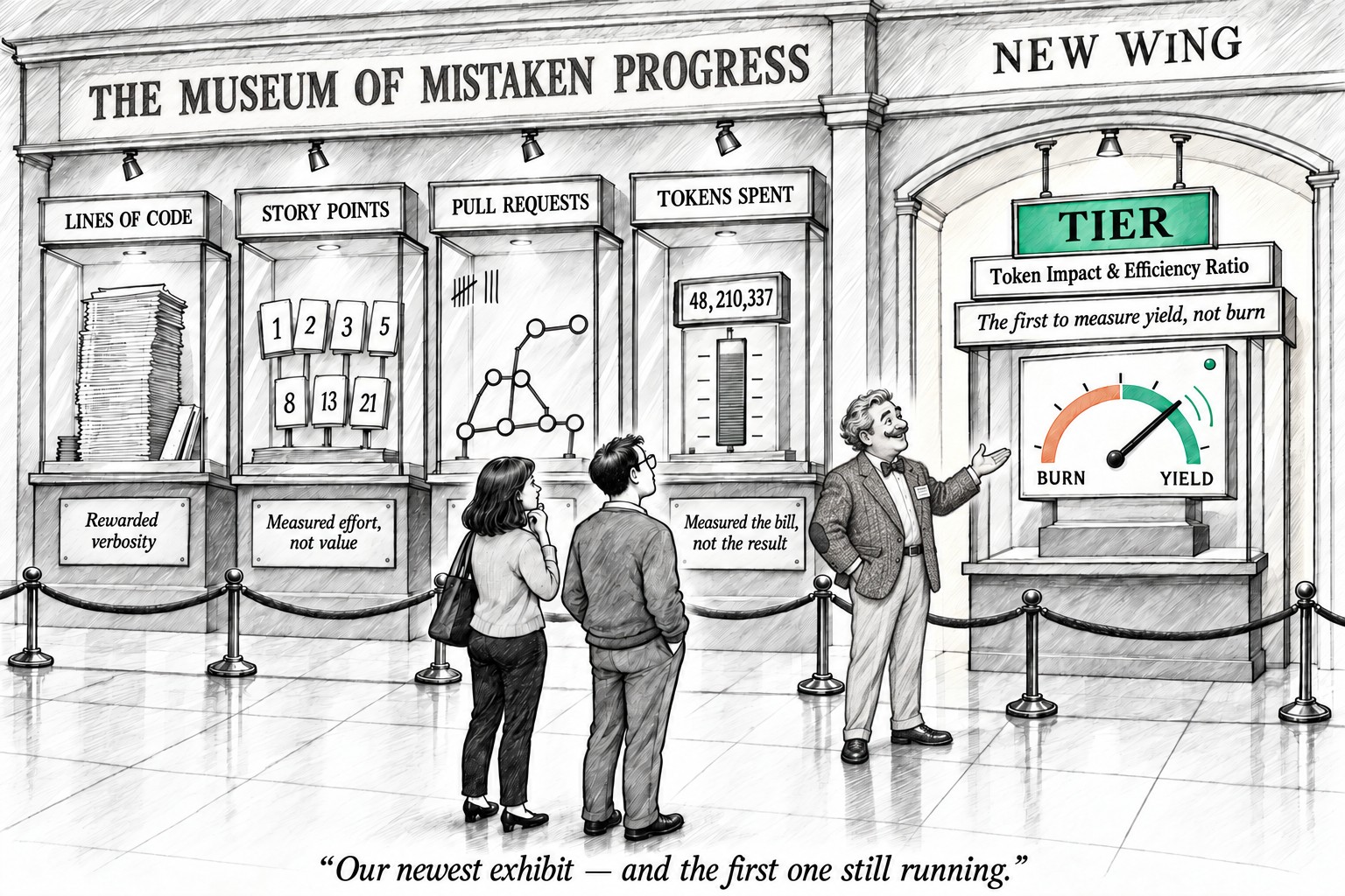 Pencil drawing of “The Museum of Mistaken Progress.” Display cases illustrate measures of developer work: Lines of Code (“Rewarded verbosity”), Story Points (“Measured effort, not value”), Pull Requests, and Tokens Spent, a counter at 48,210,337 (“Measured the bill, not the result”). In the New Wing, a curator shows two visitors TIER, whose gauge points from Burn toward Yield. Caption: “Our newest exhibit — and the first one still running.”