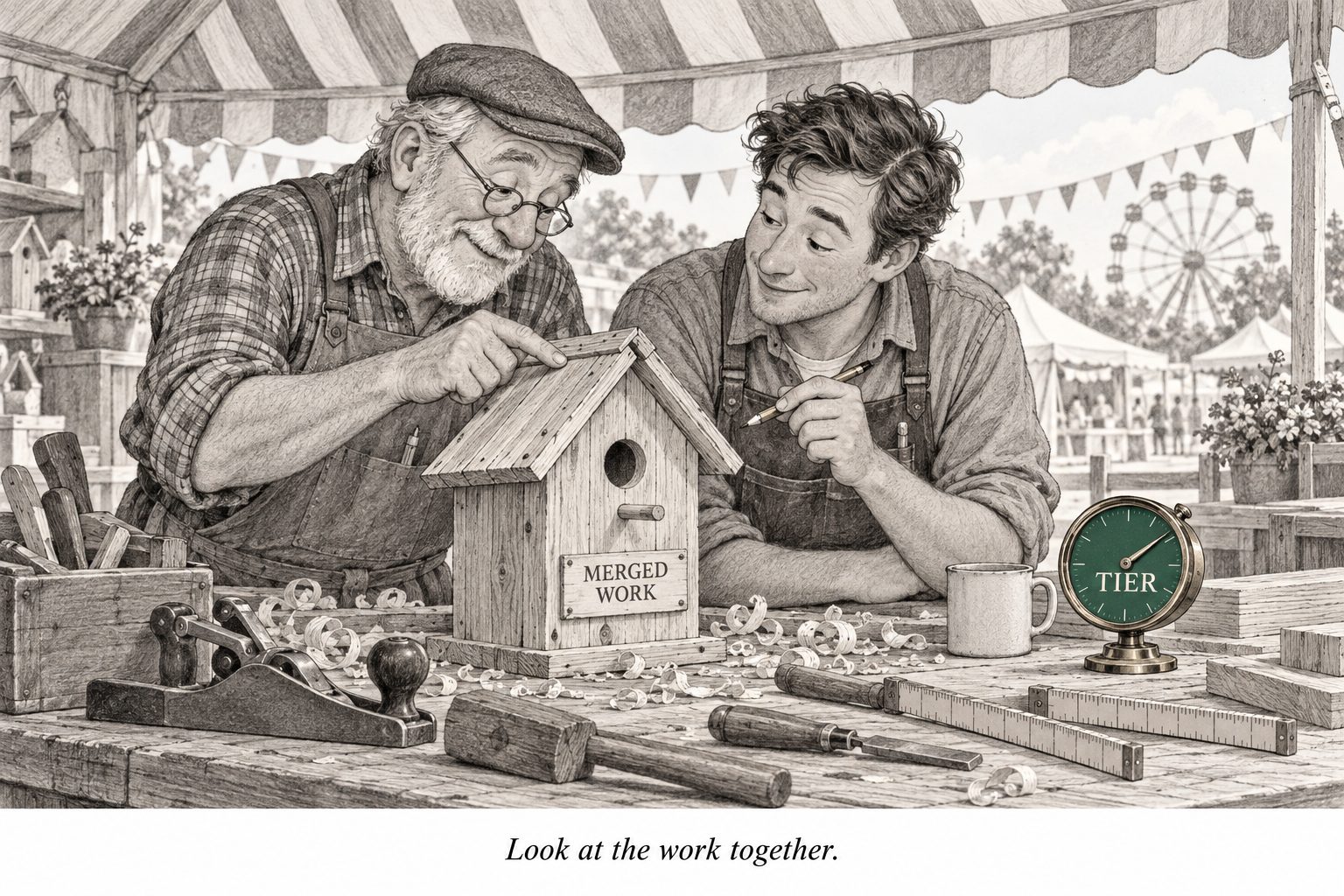 At a county-fair craft tent, two carpenters side by side look closely at a birdhouse marked “Merged work”; one points at a roof joint while a TIER gauge sits on the bench. Caption: “Look at the work together.”