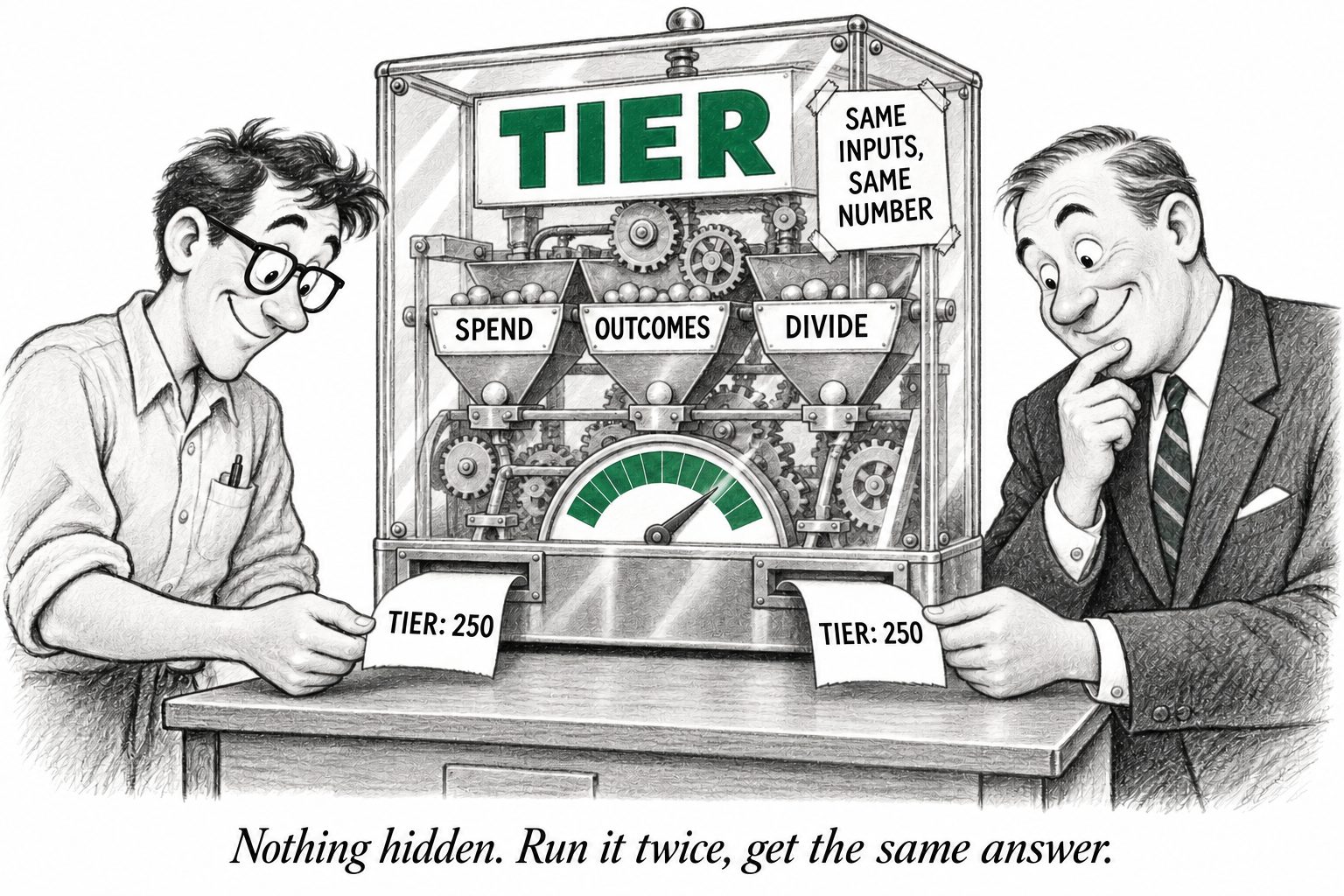 Two people hold identical “TIER: 250” receipts from a glass machine with “Spend”, “Outcomes” and “Divide” hoppers. A sign reads “Same inputs, same number”. Caption: “Nothing hidden. Run it twice, get the same answer.”