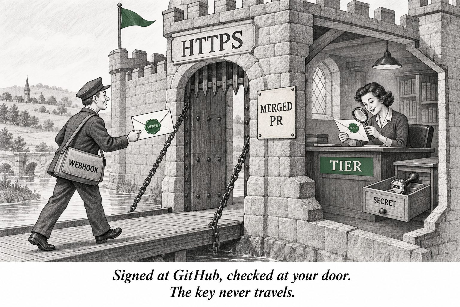 A webhook courier carries a letter with a green “Signed” seal through an HTTPS gate to a TIER clerk, who checks it; a drawer holds the secret. Caption: “Signed at GitHub, checked at your door. The key never travels.”