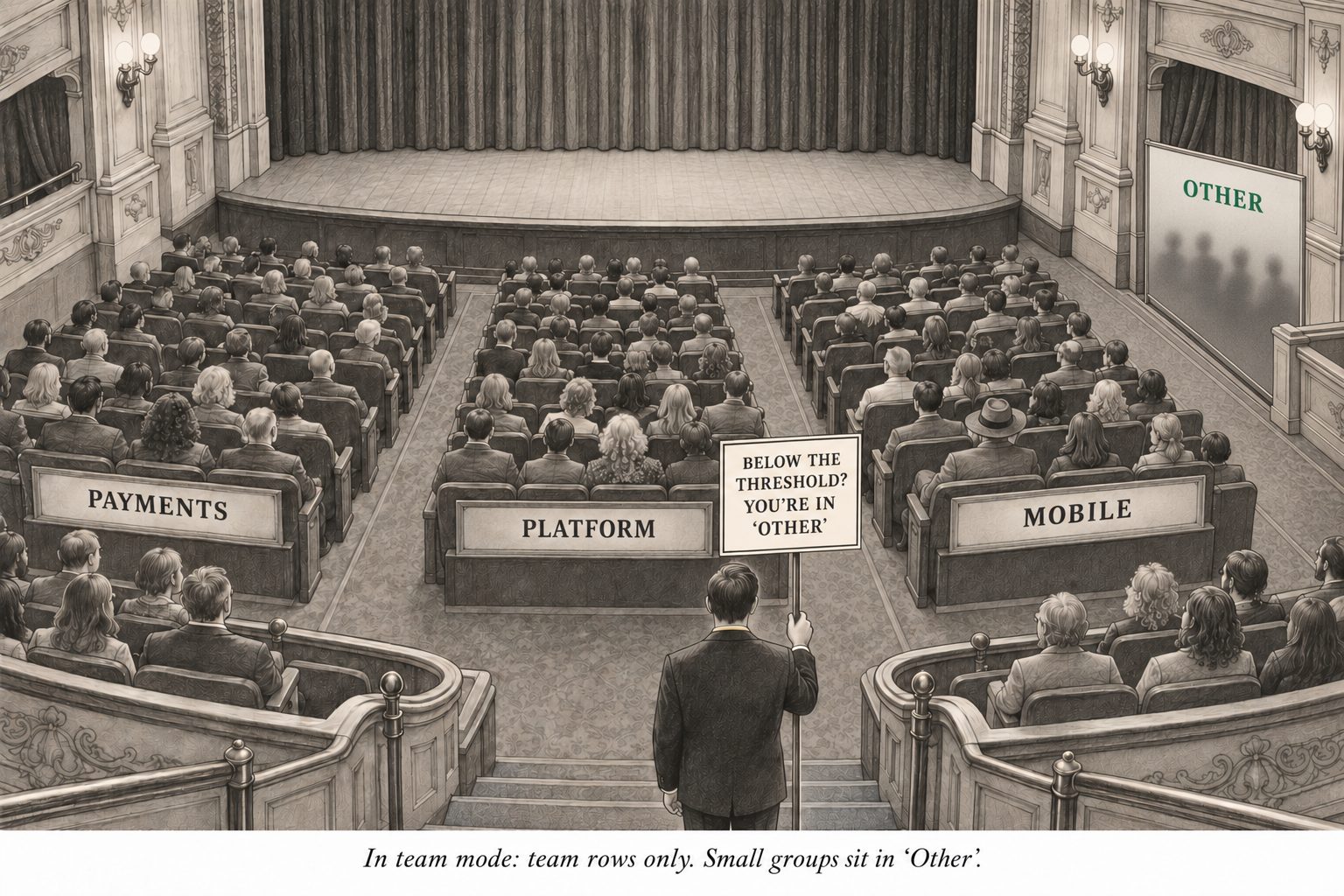 Theatre rows marked Payments, Platform and Mobile. Smaller groups are silhouettes behind a frosted screen marked “Other”, and an usher standing in the aisle holds up a sign on a pole: “Below the threshold? You’re in ‘Other’”. Caption: “In team mode: team rows only. Small groups sit in ‘Other’.”