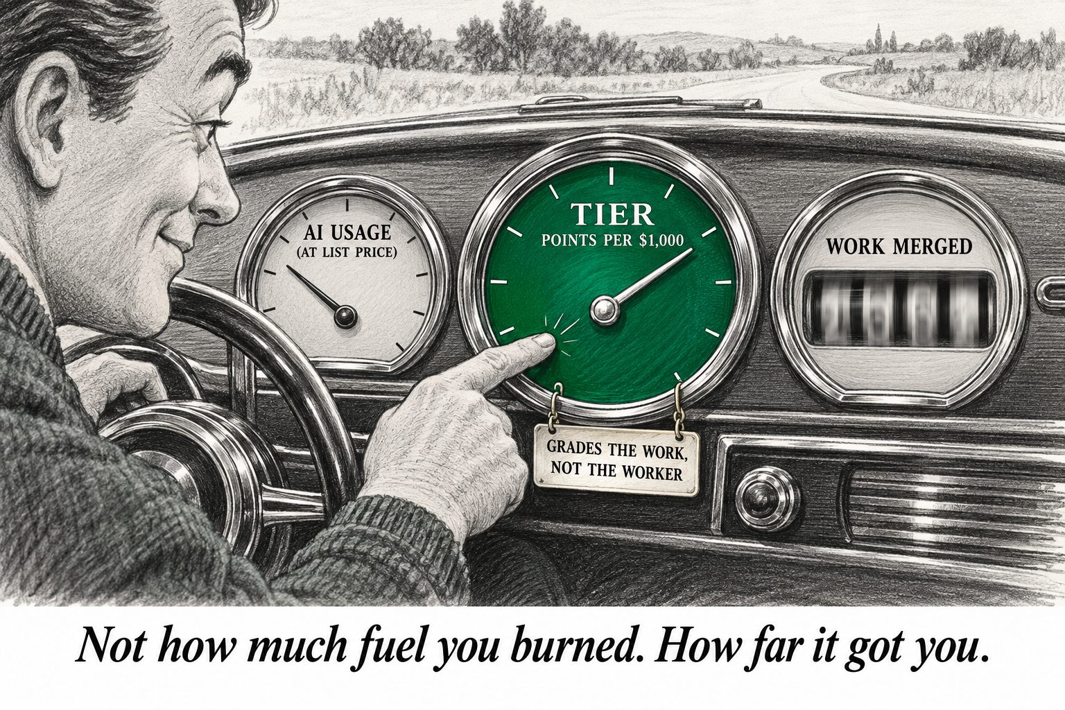 A driver points at a green TIER gauge, “points per $1,000”, between an “AI usage (at list price)” gauge and a “Work merged” odometer. The plaque reads “Grades the work, not the worker”. Caption: “Not how much fuel you burned. How far it got you.”