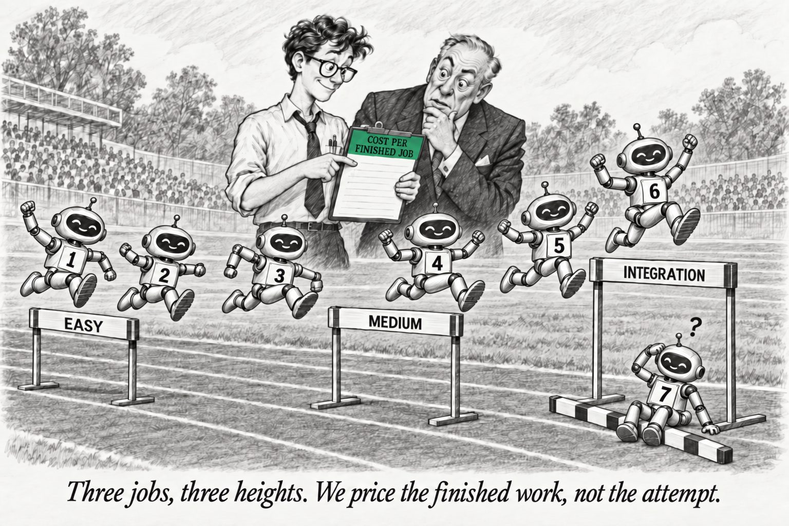 Pencil drawing: seven numbered robots race over three hurdles marked Easy, Medium and Integration. Robot 7 sits puzzled beside the knocked-down Integration bar while the others clear it. A young engineer points at a clipboard titled “Cost per finished job” for an older executive. Caption: “Three jobs, three heights. We price the finished work, not the attempt.”