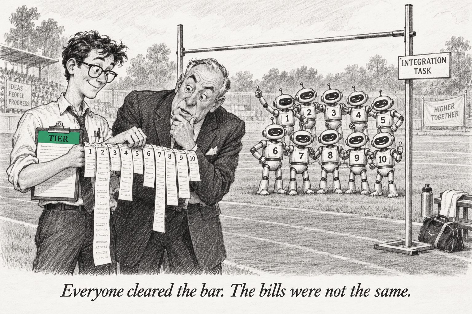 Pencil drawing: ten small numbered robots stand together past a high-jump bar marked “Integration task”. In front, a young engineer holds up ten paper receipts of very different lengths, one per robot, while an older executive studies them. Caption: “Everyone cleared the bar. The bills were not the same.”