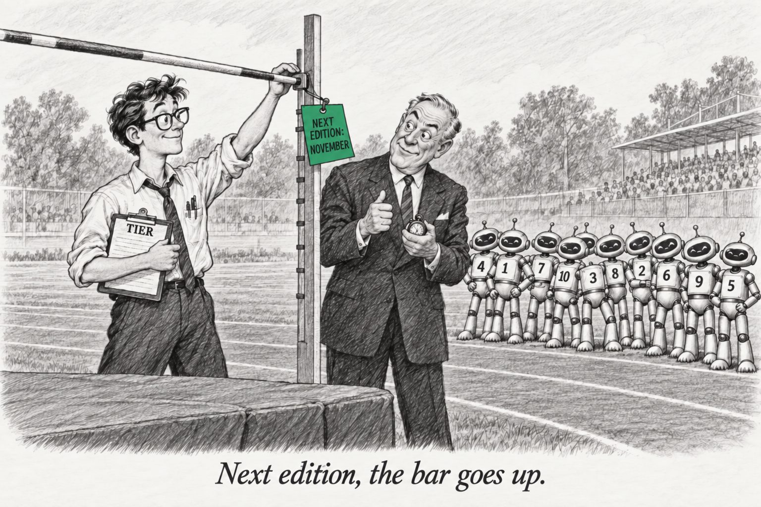 Pencil drawing: a young engineer raises the high-jump bar a notch, beside a green tag reading “Next edition: November”. An older executive holds a stopwatch and gives a thumbs-up while ten numbered robots wait in line. Caption: “Next edition, the bar goes up.”