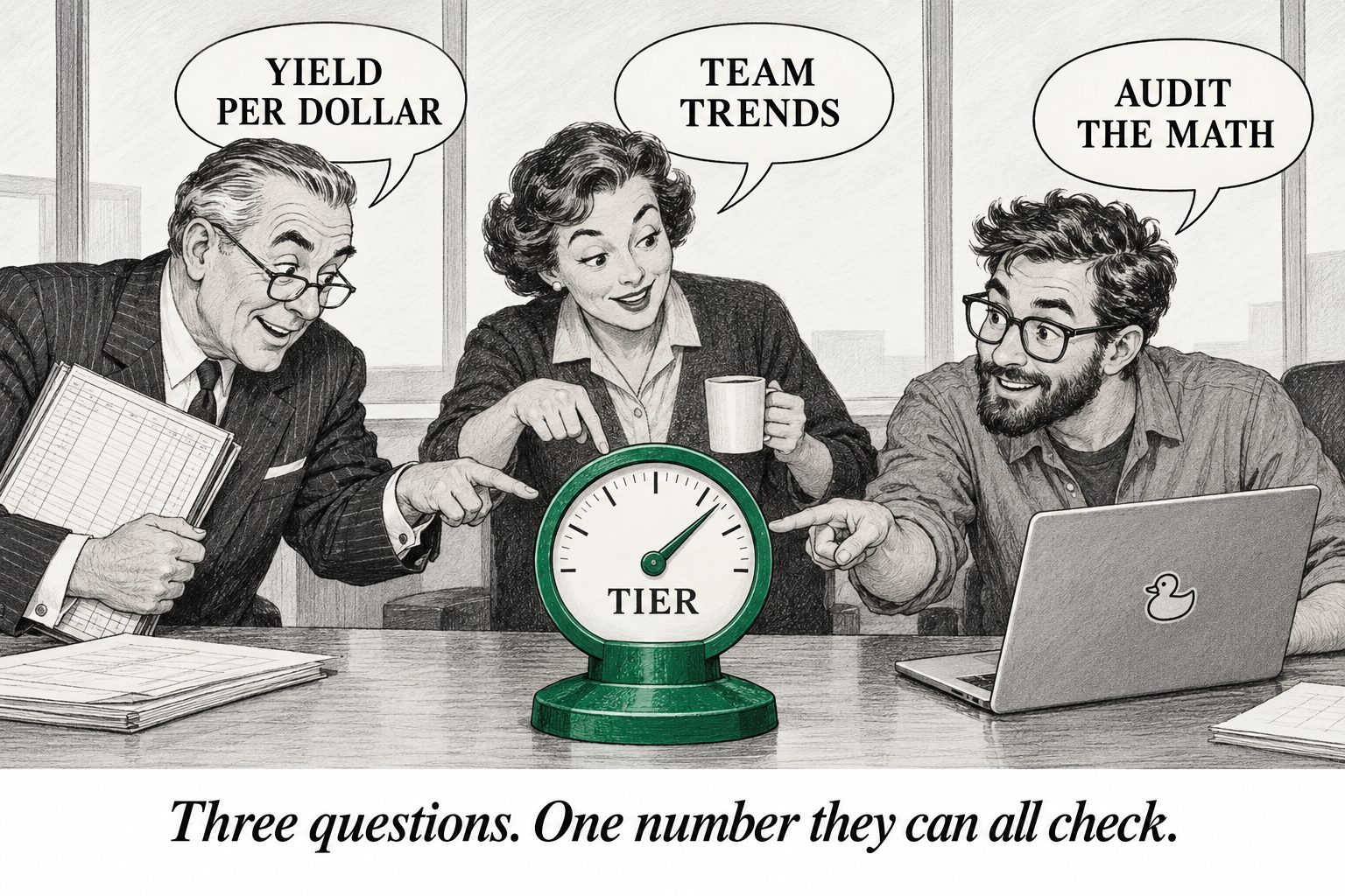 A finance chief, a manager and a developer point at one green TIER gauge, asking “Yield per dollar”, “Team trends” and “Audit the math”. Caption: “Three questions. One number they can all check.”
