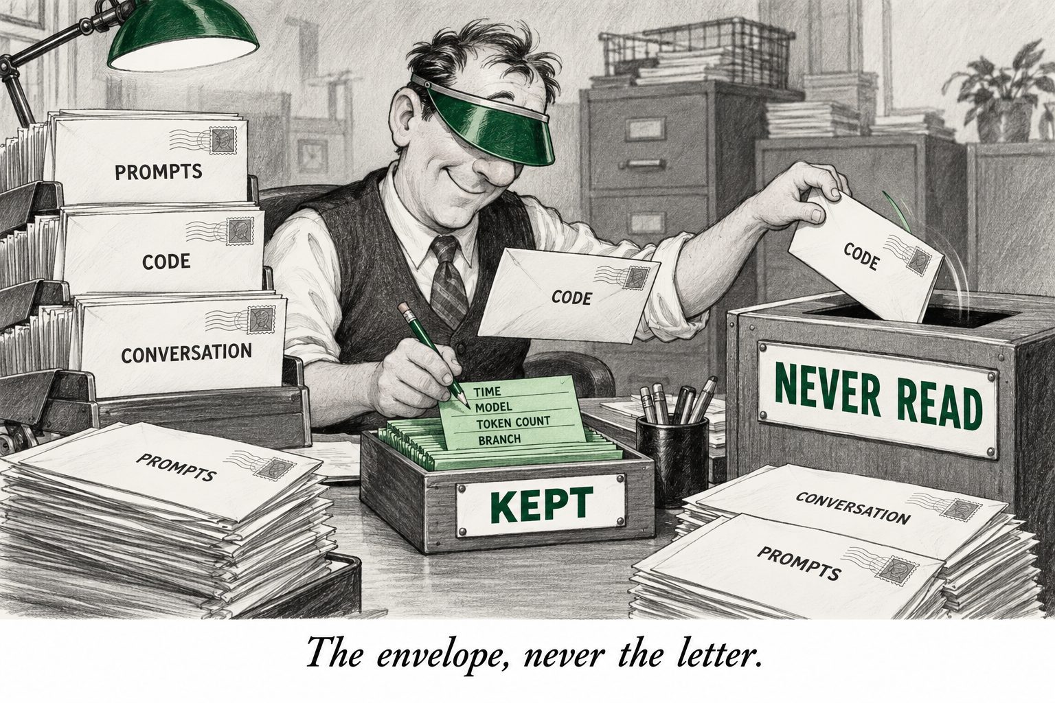 A clerk puts cards marked Time, Model, Token count and Branch into a “Kept” box, and envelopes marked Prompts, Code and Conversation into a “Never read” slot. Caption: “The envelope, never the letter.”