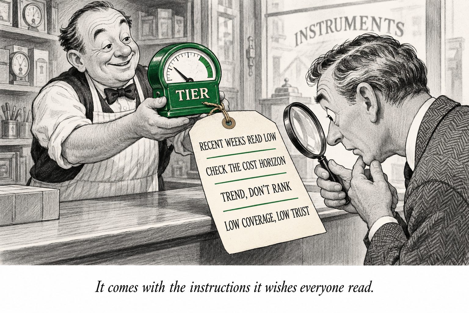 A shopkeeper holds a TIER gauge while a customer reads its tag through a magnifying glass: “Recent weeks read low”, “Check the cost horizon”, “Trend, don’t rank”, “Low coverage, low trust”. Caption: “It comes with the instructions it wishes everyone read.”
