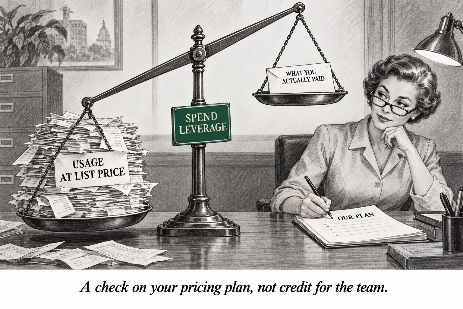 On a “Spend Leverage” scale, a heap of receipts for usage at list price outweighs one envelope, “What you actually paid”, beside a woman writing on “Our plan”. Caption: “A check on your pricing plan, not credit for the team.”