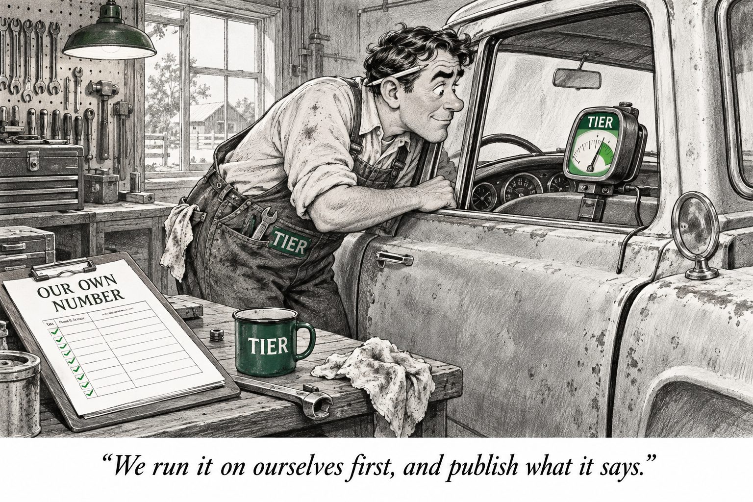 A mechanic reads a green TIER gauge fitted to his own truck; a clipboard on the bench says “Our own number”. Caption: “We run it on ourselves first, and publish what it says.”