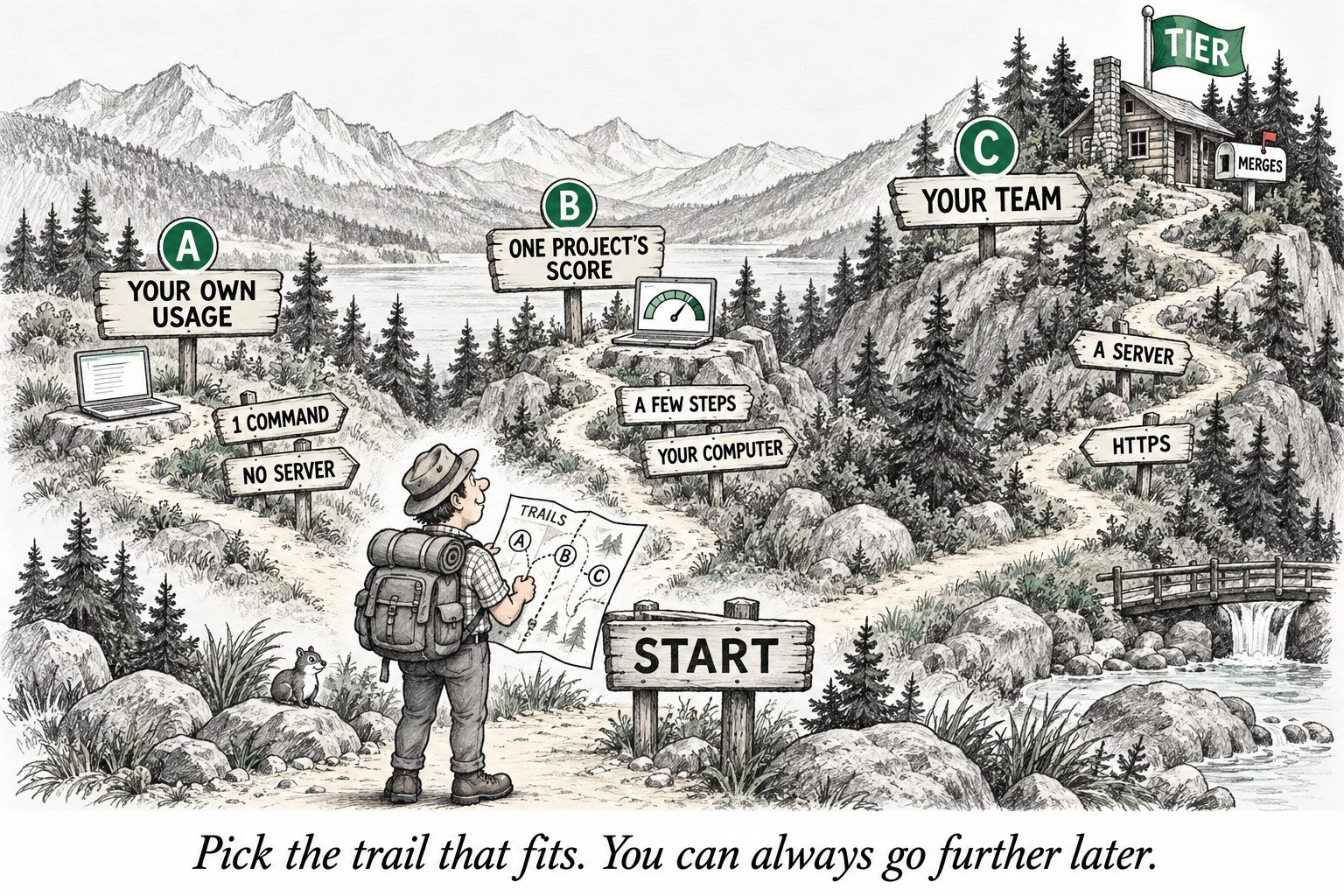 A hiker at a trail map: A to “Your own usage”, B to “One project’s score”, C uphill to a TIER cabin, “Your team”. Caption: “Pick the trail that fits. You can always go further later.”